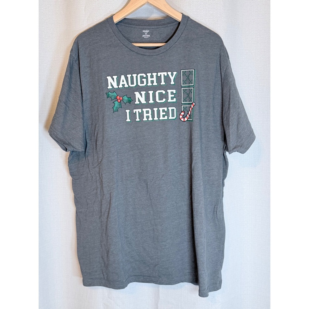 Holiday Time Naughty Nice I Tried Graphic T-Shirt 2XL Gray Christmas Funny Vibe